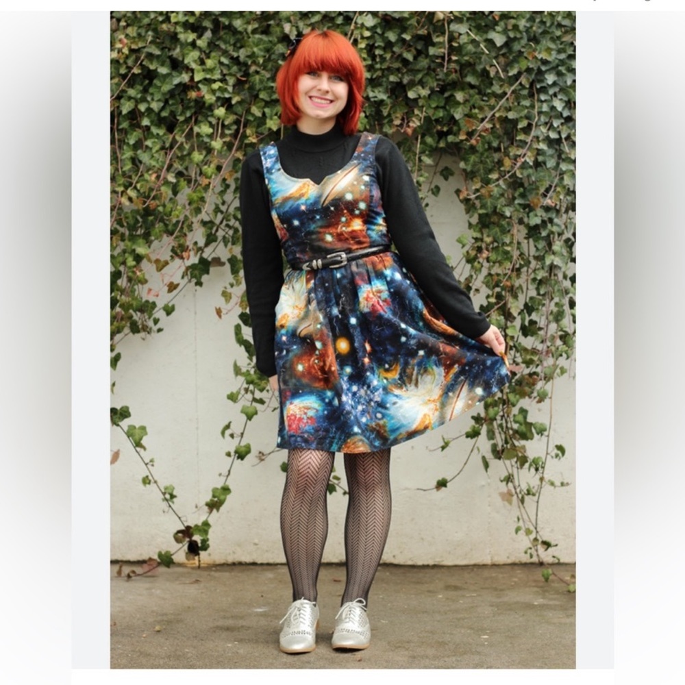 MODCLOTH | Fervour Galaxy Space Dress Fit Flare Universe Cotton Pockets Sz Large